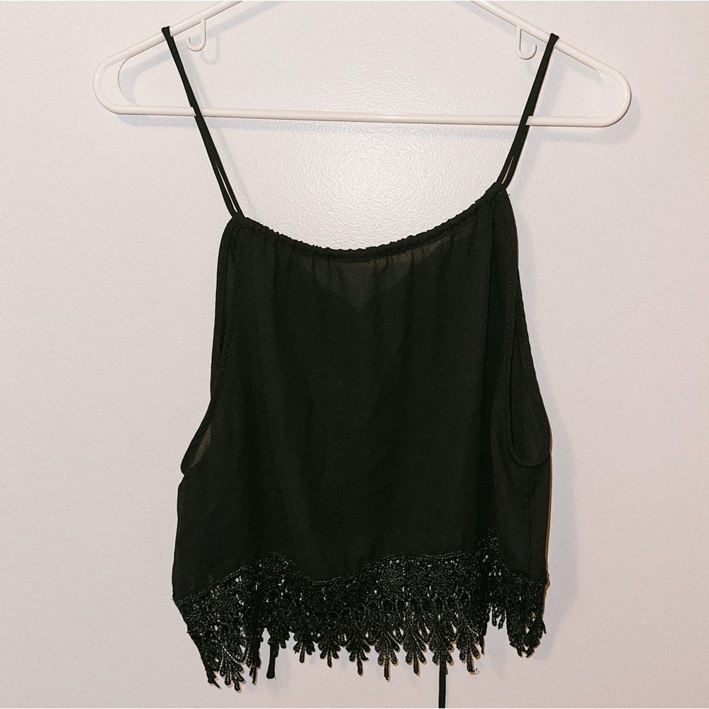 Urban Outfitters medium black cropped embroidered tank top with ties and cutout - Picture 1 of 4